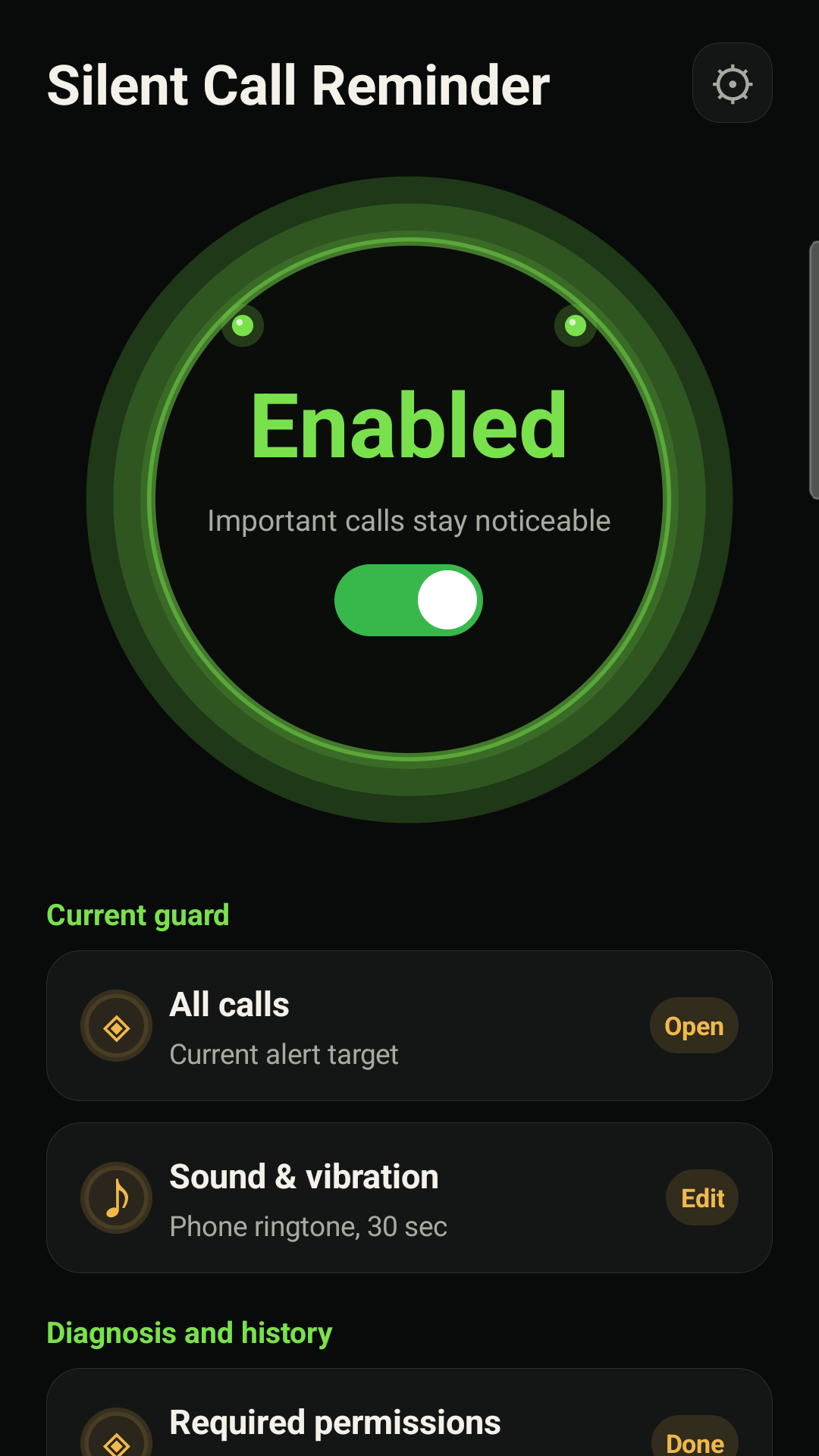 Enabled status and current alert setup