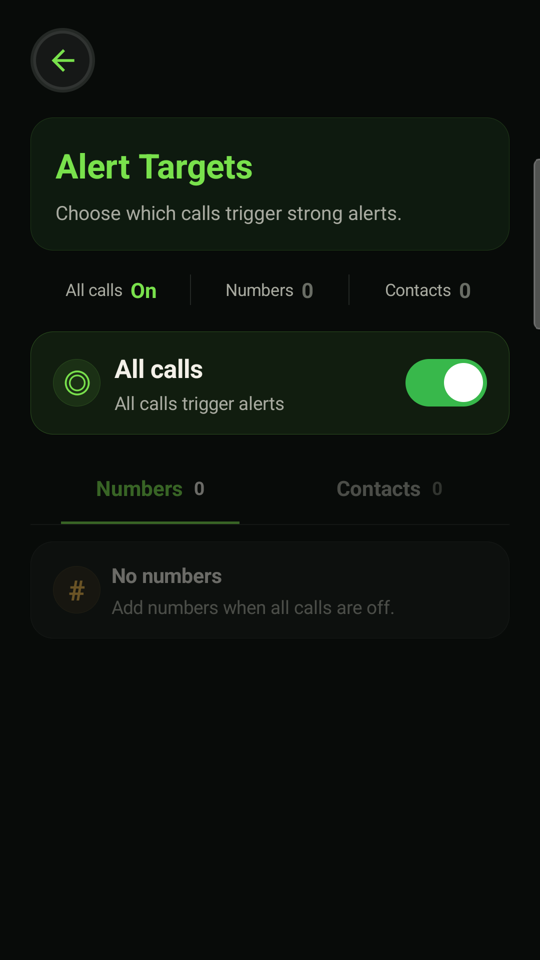 Alert targets for all calls, selected numbers, and contacts
