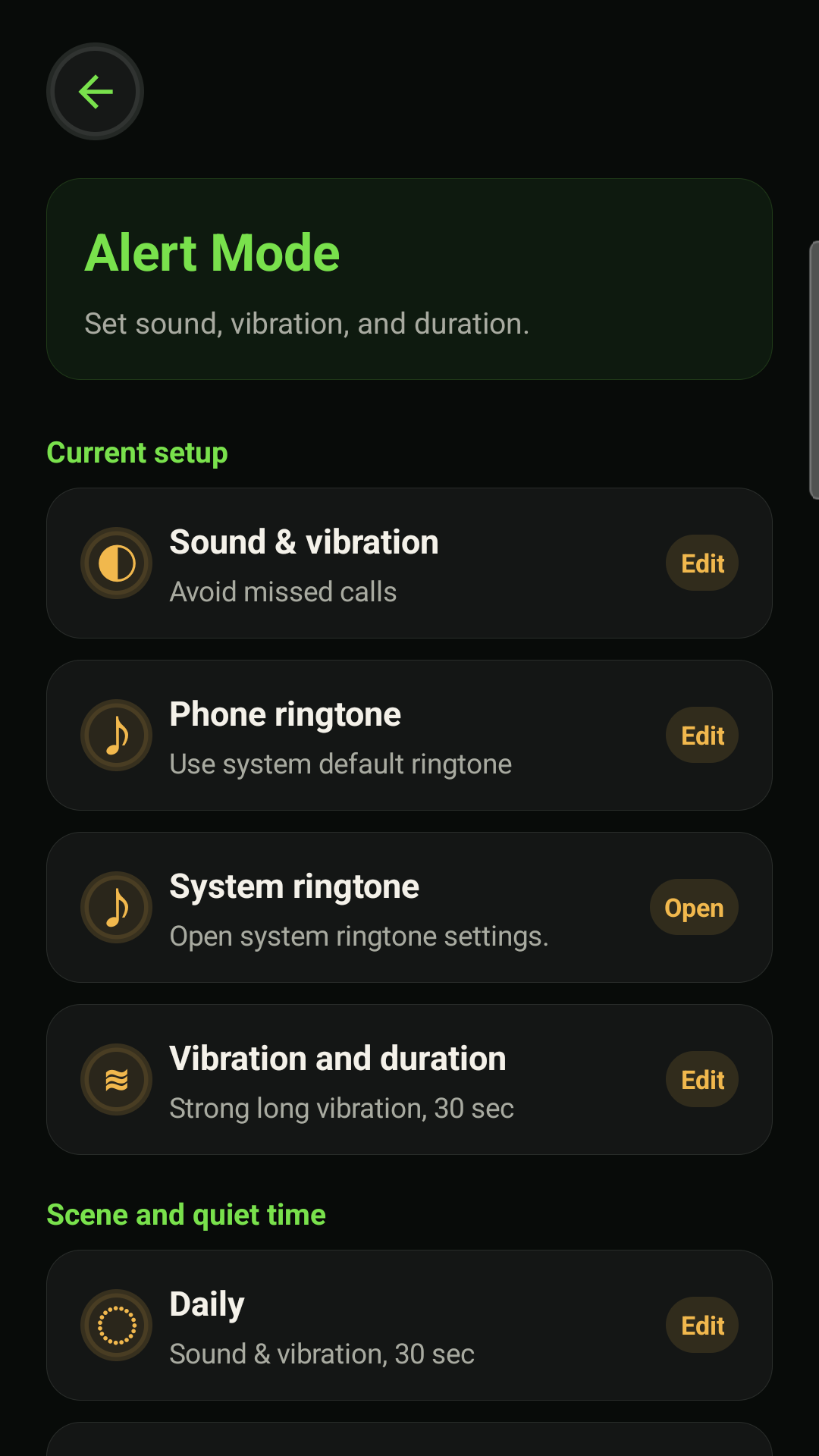 Alert mode, ringtone, vibration, duration, and scene settings