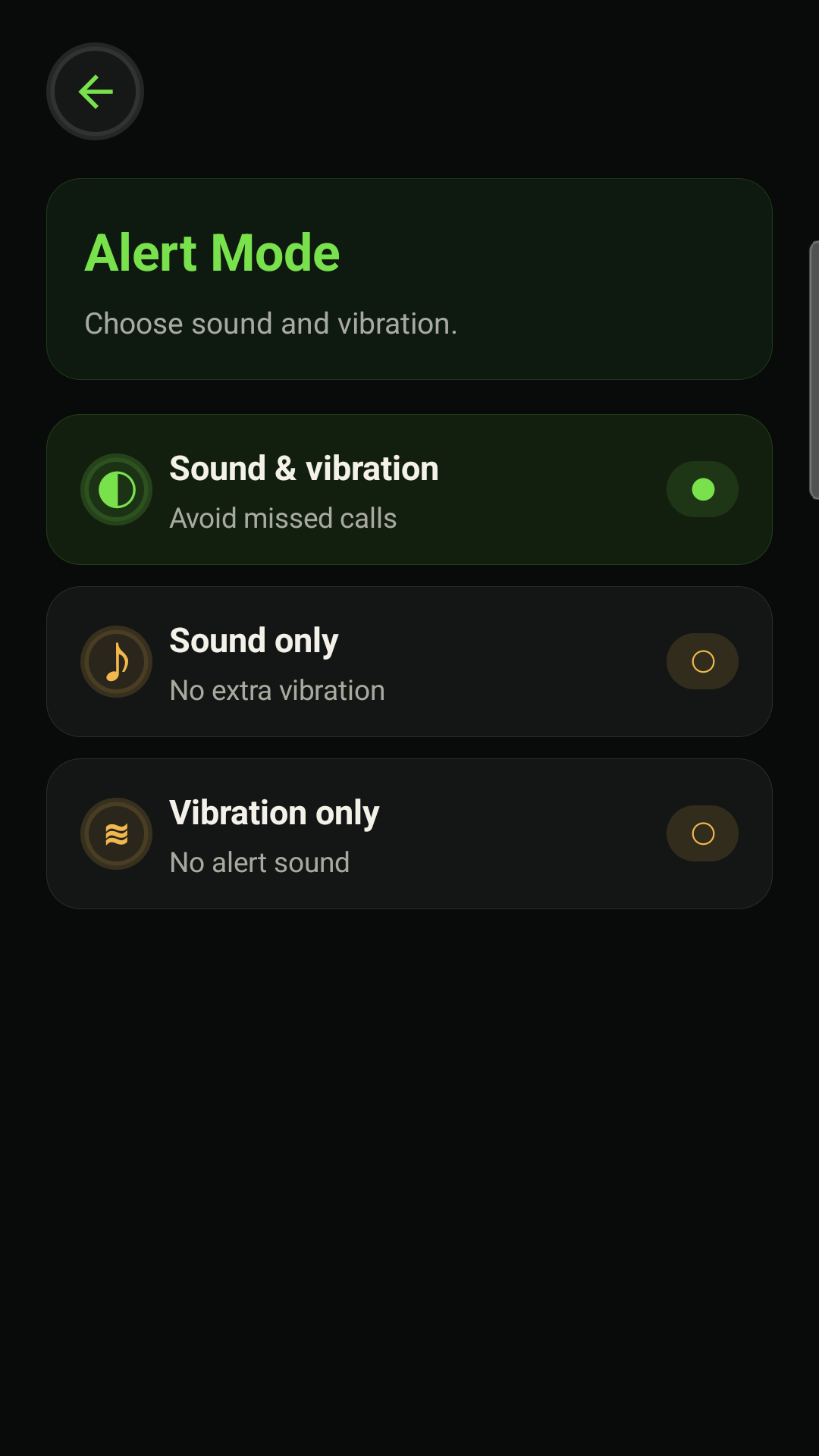 Sound and vibration mode choices