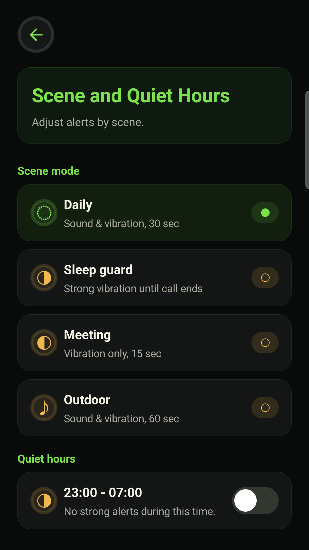 Daily, sleep, meeting, outdoor, and quiet hour options