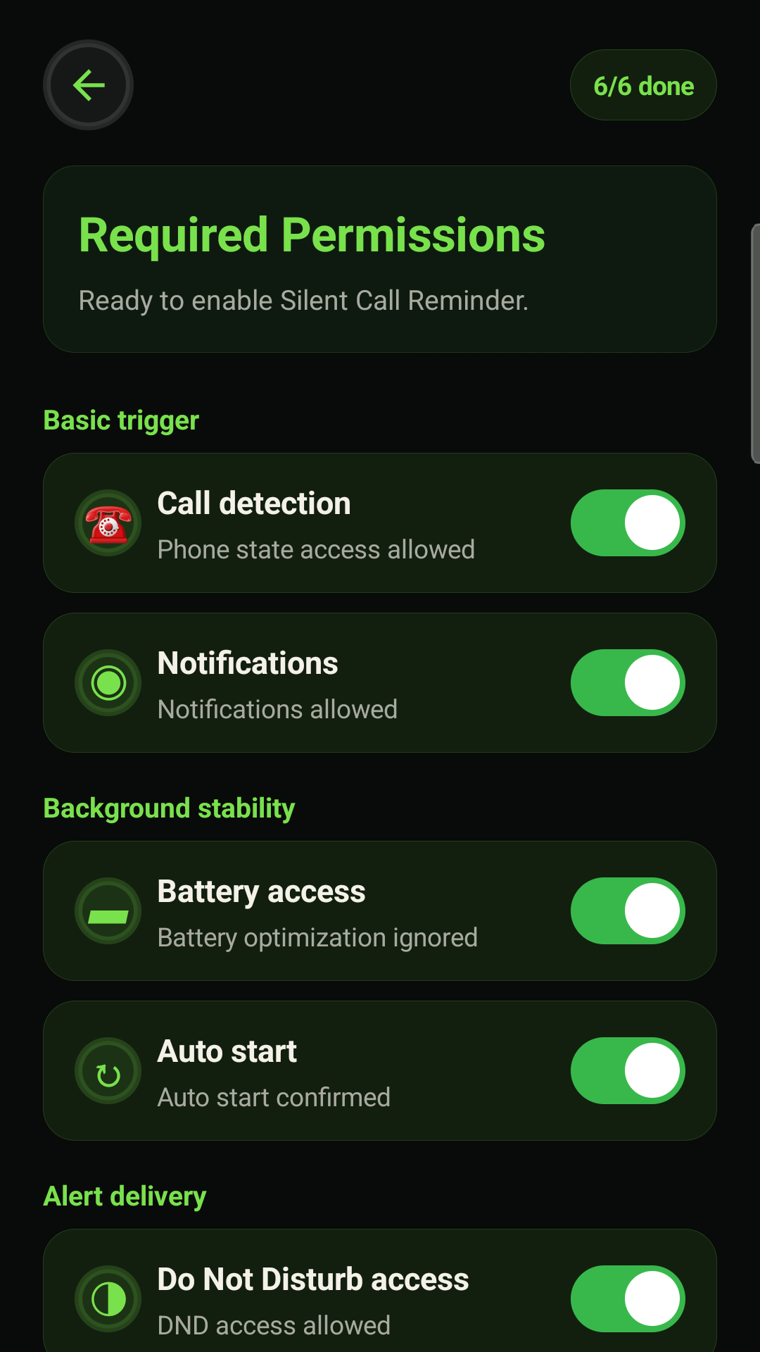 Required Android permissions shown as ready