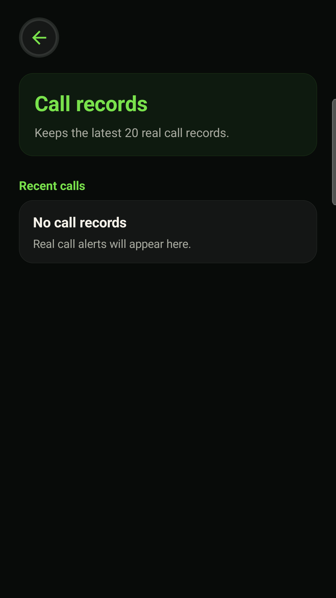 Recent real call reminder records screen
